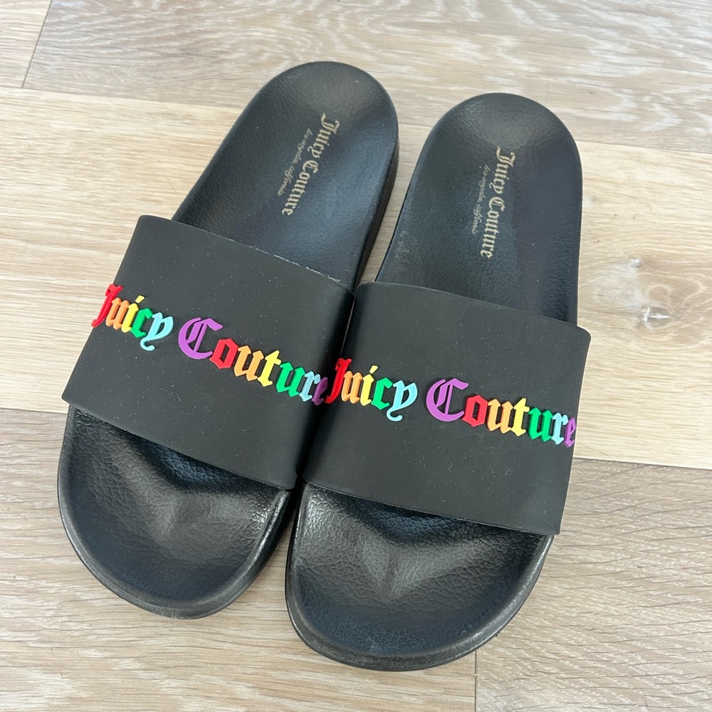 Juicy Couture Black Slide Sandals – Rainbow Logo